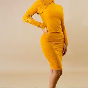 Goldenrod, mockneck bodycon dress with shoulder detail